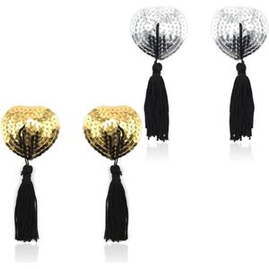 Thelau - tepelafdekkingen met pailletten en kwast - Herbruikbare stickers voor tepels - Set van 2 paar - Sexy en elegant design - Zilver en goud - Afmeting 5x6 cm
