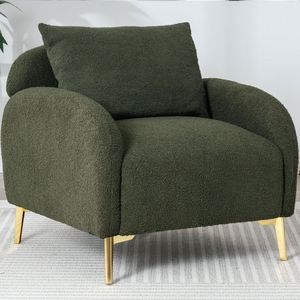 Sweiko Moderne minimalistische Teddy fluwelen fauteuil, gewatteerde casual fauteuil, single person sofa stoel, comfortabel rugleuning kussen, gouden metalen poten