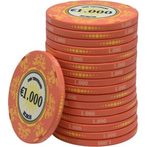 Macau deluxe keramische cashgame poker chips €1.000,- oranje (25 stuks) - pokerchips - pokerfiches - poker fiches - keramisch - pokerspel - pokerset - poker set