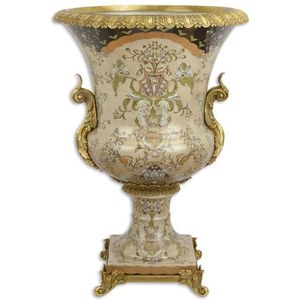 Vaas - Porselein Urn Bloemen - Bronzen elementen - 75,5 cm hoog