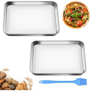 Set van 2 bakplaten, taartplaten, roestvrijstalen ovenschalen, ovenschaal, roestvrij staal, rechthoekig, vaatwasmachinebestendig, ovenschalen, 31 x 24 x 2,5 cm, lekbak, ovenschaal voor bakken en serveren, braden