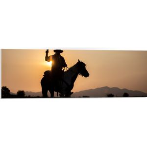PVC Schuimplaat - Zonsondergang achter Cowboy op Bruin met Wit Paard met Geweer - 90x30 cm Foto op PVC Schuimplaat (Met Ophangsysteem)