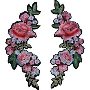 Rozen Bloemen Tak XXL Strijk Embleem Set Roze 12 cm / 26 cm / Roze Groen Lichtblauw