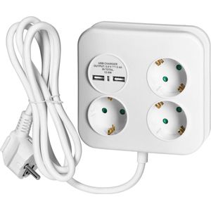 Stekkerdoos met 2 USB A poorten - Stekkerblok 3-voudig - Opbouw verdeelstekker max. 3680 Watt - Verdeeldoos met 1,4 meter kabel - Wit