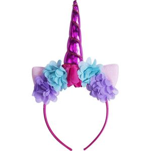 KIMU Eenhoorn Haarband Roze Bloemetjes - Unicorn Diadeem Met Oortjes - Pink Hoorn Glitter Bloemen Paars Blauw Roze Festival