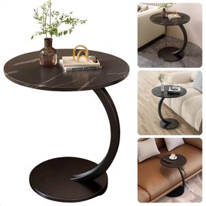 Zwarte Bijzettafel met Marmer - Salontafel - Ronde 40 cm - Gemarmerd Tafelblad - Metaal Frame - Moderne Sidetable - Inclusief EBOOK