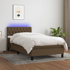 The Living Store Bed - Boxspring donkerbruin 203x90x78/88cm - Met verstelbaar hoofdbord - LED verlichting - Pocketvering matras en huidvriendelijk topmatras