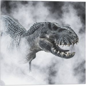Vlag - Gevaarlijke T-rex Dinosauris in de Mist (Zwart- wit) - 50x50 cm Foto op Polyester Vlag