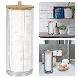 Wattenschijfjeshouder - Wattenschijfjes Houder - Bamboe Deksel - Transparant - Badkamer Organizer