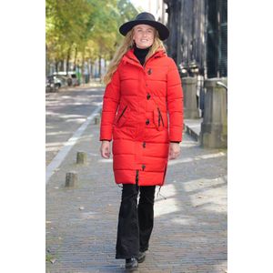 Lange dames winterjas - Gewatteerd en getailleerd - Rood - Maat L (40)