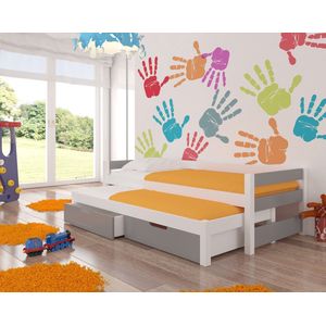 Fraga - Kinderbed Juniorbed 200 x 90 cm, Uitschuifbaar extra bed, bedden met matrassen - Bed met lades - Wit - Grijs -