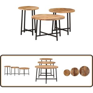 vidaXL 3-delige Salontafelset Mangohout & IJzer Salontafel - Mangohouten Tafel - Nestkasten - Koffietafel - Multifunctioneel