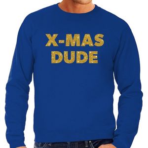 Foute Kersttrui / sweater - x-mas dude - goud / glitter - blauw - heren - kerstkleding / kerst outfit M