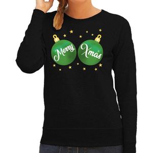 Foute kersttrui / sweater zwart met groene Merry Xmas borsten voor dames - kerstkleding / christmas outfit S