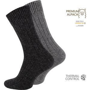 2 paar Wollen sokken met Alpacawol - Fijn gebreid - Unisex - Antraciet-Grijs - Maat 43-46