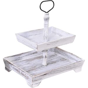Rustiek meerlagig houten dienblad - decoratieve tafelstandaard tweelaags design - massief houten tafelstuk - ideaal voor kasten en eettafels .