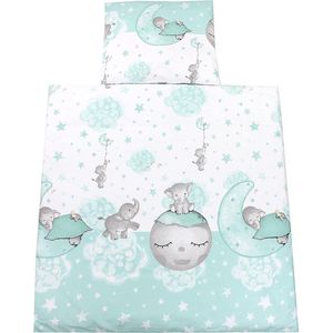 Unisex baby wiegset 4-delig beddengoedset: dekbed met overtrek en hoofdkussen met overtrek, kleur: maan met olifant / mint, maat: 80x80 cm