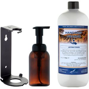 Zeepdispenser 300 ml amber bruin hervulbaar + 1 liter Handzeep Orange navulling (inclusief beugel)