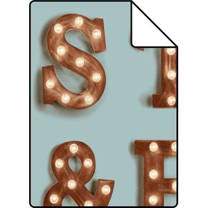 Proefstaal ESTAhome behang houten licht letters vintage blauw en sepia bruin - 26,5 x 21 cm - 138851-S