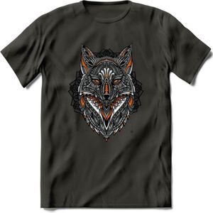 Vos - Dieren Mandala T-Shirt | Oranje | Grappig Verjaardag Zentangle Dierenkop Cadeau Shirt | Dames - Heren - Unisex | Wildlife Tshirt Kleding Kado | - Donker Grijs - 3XL