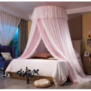 Prinses Bed Luifel voor Meisjes, Bed Luifel Gordijn - Dubbellaags Doorschijnend Mesh Koepel Bed Gordijn - Prinses Klamboe voor Twin Full Queen King Bed (Roze/Wit)