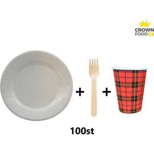 Papieren borden rond 23cm + houten vorken + kartonnen bekers Scotty - 100st. - wegwerp bestek/servies/bekers - karton - Crown Food XL