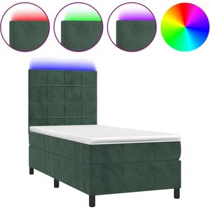 vidaXL - Boxspring - met - matras - en - LED - fluweel - donkergroen - 90x190 - cm