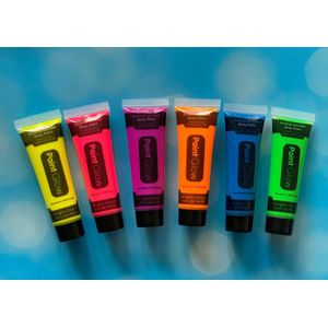 Body Paint - Neon make up - Glow in the dark Face & Body paint - 6 stuks - water washable - neon verf - Glows for hours - paintglow products - Creates its own light - for special effects - 1/2fl:OZ./14.2ml - kleur geel,groen,oranje,blauw,paars,roze -