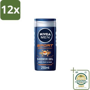 NIVEA MEN – Douchegel – Sport – 250 ml - Voordeelverpakking - 12 stuks - Verkoelend na inspanning - Mannelijke limoengeur