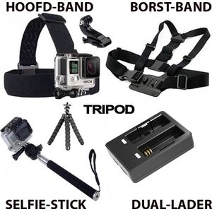Accessoires set geschikt voor GoPro en Action cams - EKEN - Wolfgang - Lipa - Denver - Action Camera - Dual batterij lader - Borst- en hoofband - Selfie Stick - 6 in 1 set