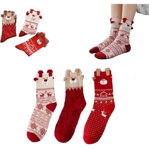 Kerstkousen - 3-pack kerstkousen voor dames - Kerstpatroon - Feestelijke katoenen kerstkousen - Rendier - Sneeuwvlokpatroon - Kerstcadeau voor dames - Kleurrijke sokken - One Size - Katoenen sokken - Rood