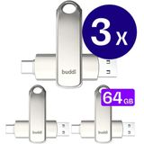 Buddi - Dual Geheugenstick - Grijs - 64GB - USB-C en USB A - USB 3.1