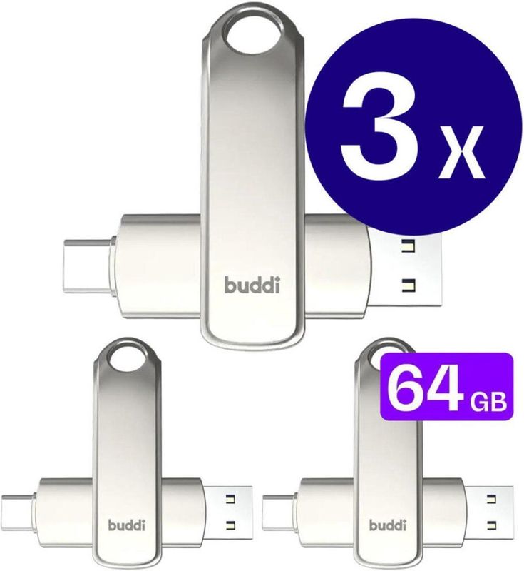 Buddi - Dual Geheugenstick - Grijs - 64GB - USB-C en USB A - USB 3.1