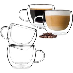 Glazen koffiekopjes, dubbelwandige geïsoleerde drinkglazen, koffiekopjes met handvat, perfect voor latte, cappuccino's, theezakjes, sap (240 ml waterglazen *4)