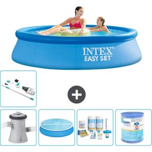 Intex Rond Opblaasbaar Easy Set Zwembad - 244 x 61 cm - Blauw - Inclusief Pomp Solarzeil - Onderhoudspakket - Filter - Stofzuiger - Vloertegels