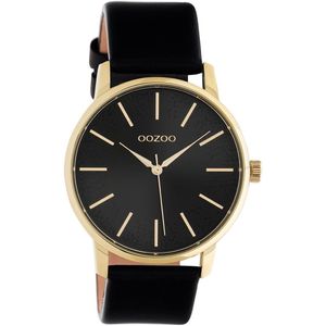 OOZOO Timepieces - goudkleurige horloge met zwarte leren band - C10839 - Ø40