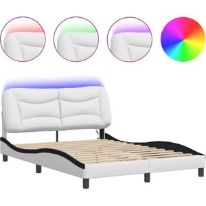 vidaXL - Bedframe - met - LED-verlichting - kunstleer - wit - en - zwart - 140x200 - cm