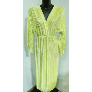 Maxi jurk - Geel/lime - Ballon mouwen - V-hals - Overslag jurk - Lange jurk - Elastische taille - Maxi dress - One-size - Een maat