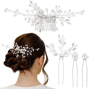 Haaraccessoires voor Bruiloft - 4 Stukken Bruids Haar Kam en U Vormige Kristallen Haar Clips voor Vrouwen en Meisjes - Zilver