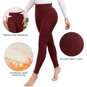 Thermische leggings voor dames, gevoerd, dikke thermische legging, wollige hoge taille, ondoorzichtig, sportlegging voor de winter, warme fleece legging , rode wijn , maat L
