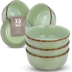 Set van 6 Rustic Aardewerk Mueslikommen - Vaatwasmachinebestendige Moderne Kommen - Stijlvolle Mintgroene Kommen - Soepkommen en Dessertkommen Schalen set