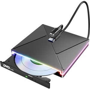 Externe cd-/dvd-drive met RGB, USB 3.0 & USB-C CD/DVD drive extern, CD DVD +/-RW ROM-brander optische externe dvd-drive Geschikt Geschikt voor laptop, pc, desktop, MacBook, iMac, Windows 11/10/8/7/XP/Linux/MacOS