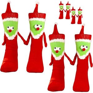 Kerstsokken-kerst sokken-4 paar kerstsokken voor mannen en vrouwen - magnetische kousen hand in hand, hand in hand - grappige kerstsokken voor koppels - grappige vriendschapssokken als familiecadeau - rood - 20x6x2 cm