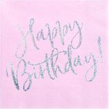 Partydeco - Servetten Happy Birthday Roze / Zilver (20 stuks)
