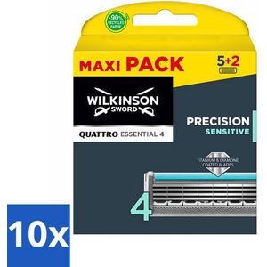 10 x Wilkinson Sword - Navulmesjes - Quattro Essential Sensitive - Zacht - 7 mesjes - Titanium Coating - Diamant Coating - Aloë Vera - Vitamine E - Jojoba Olie
