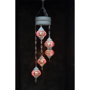 Hanglamp multicolour roos paars glas mozaïek 5 bollen Turkse Oosterse Crèmewit Marokkaanse kroonluchter