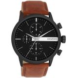 OOZOO Timepieces - Zwarte OOZOO horloge met bruine leren band - C11223