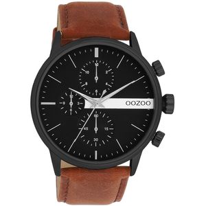 OOZOO Timepieces - Zwarte OOZOO horloge met bruine leren band - C11223