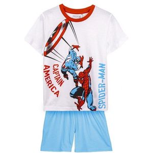 Avengers Spiderman - Short Pyjama - Captain America - Wit blauw - 100% Katoen - in geschenkendoos. Maat 128 cm / 8 jaar.