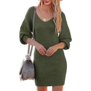 Women's Knitted Dress V-Neck Pullover Dress Long Sleeve Pullover Elegant Mini Dress Sweater Casual Dress Tunic Knitted Sweater Dress Autumn Winter
